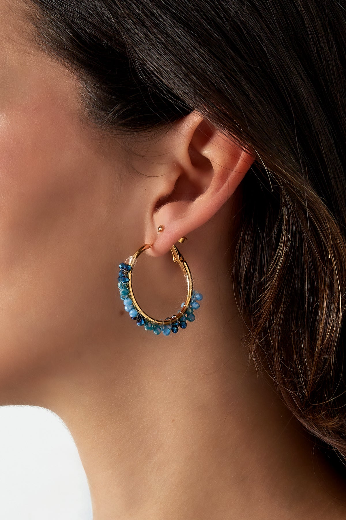 Blue Beaded Hoop Statement Earrings