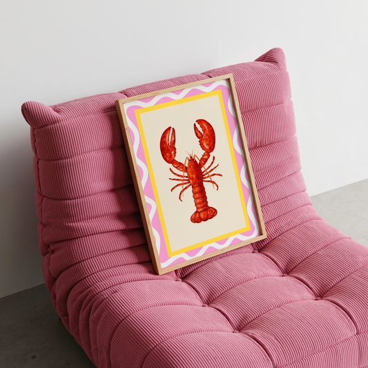 Lobster Love β Pink & Yellow Seafood Illustration Art Print
