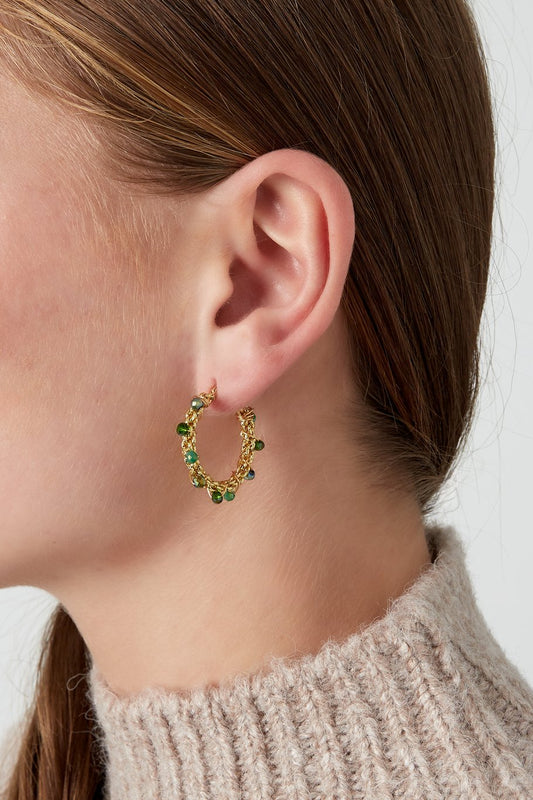 Gold Twined Stone Hoop Earrings – Grey & Beige