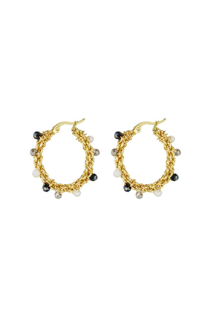 Gold Twined Stone Hoop Earrings – Grey & Beige