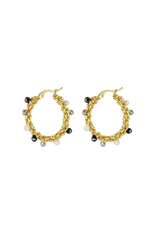 Gold Twined Stone Hoop Earrings – Grey & Beige