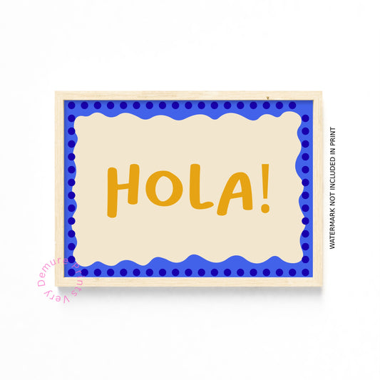 HOLA – Modern Blue Tone Typographic Wall Art Print
