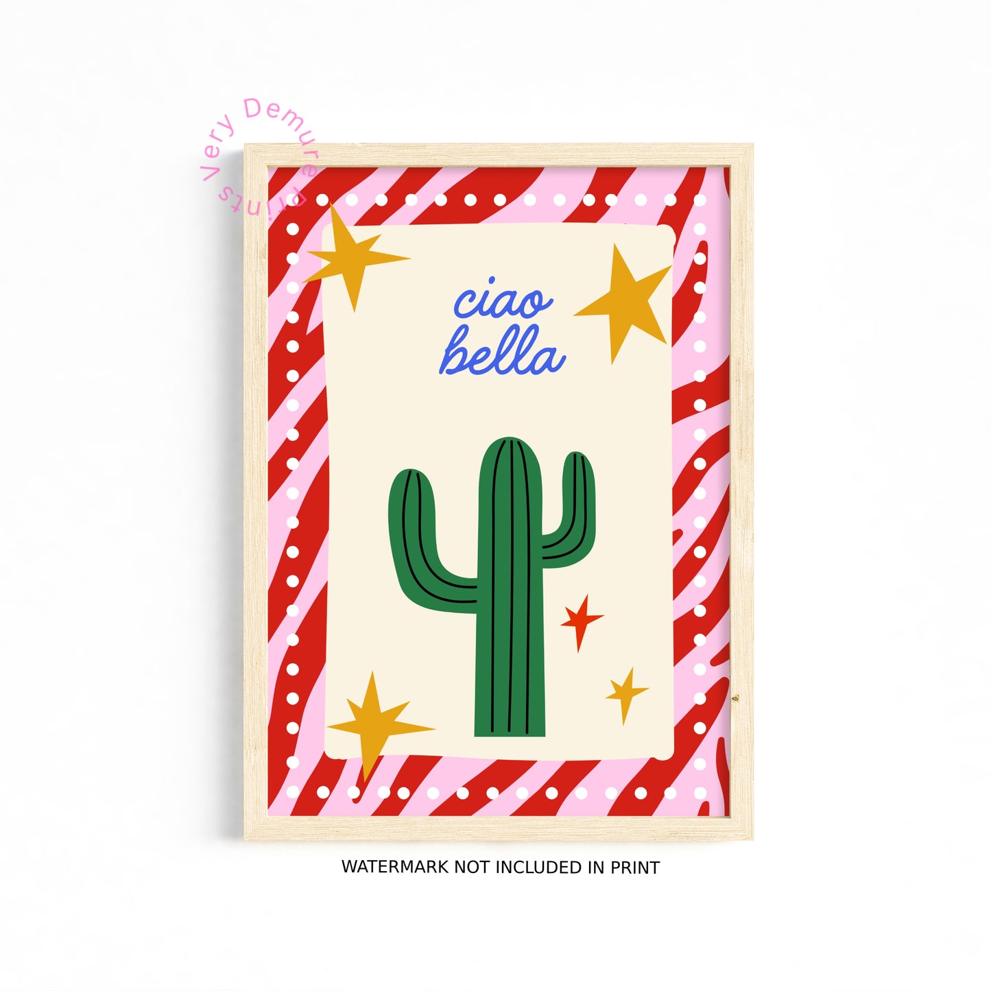 Ciao Bella Cactus Art Print – Red, Pink & Blue Typography Wall Decor