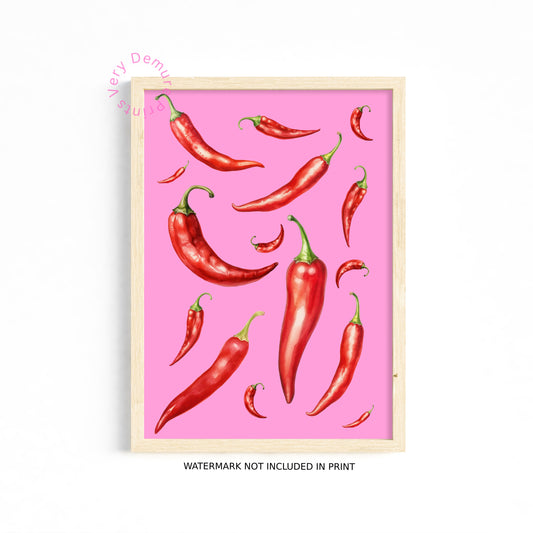 Hot Chilli – Red Chilli Pepper Pink Background Art Print