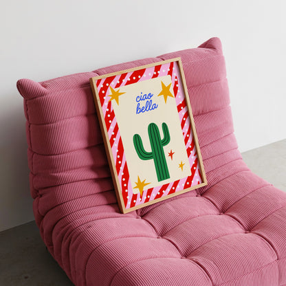 Ciao Bella Cactus Art Print – Red, Pink & Blue Typography Wall Decor