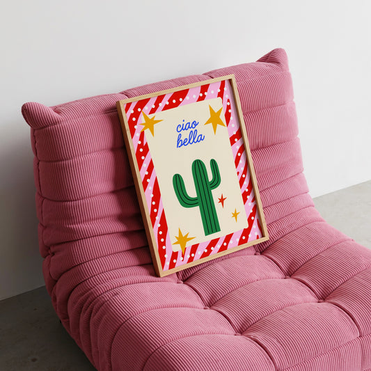 Ciao Bella Cactus Art Print – Red, Pink & Blue Typography Wall Decor
