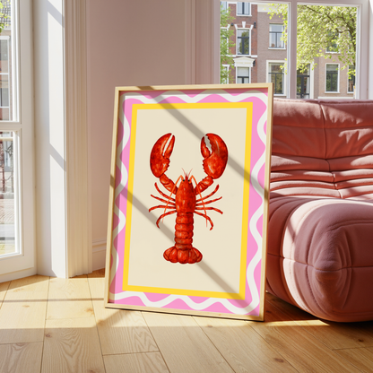 Lobster Love – Pink & Yellow Seafood Illustration Art Print